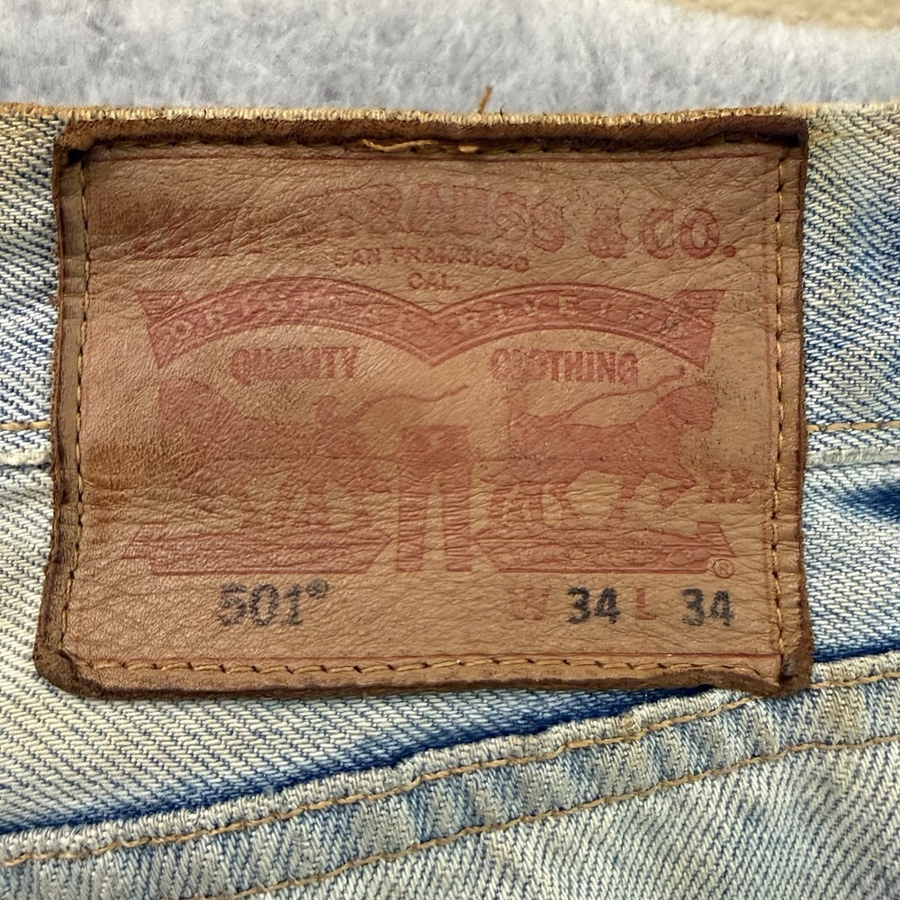 Levis 501 Selvedge Denim Jeans Men 34x34 Light Wash Button Fly Distressed Modern - Picture 11 of 16